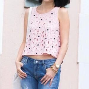 Ann Taylor Women’s XL Lace Crochet Tank Top Pink Black‎ Floral Embroidered